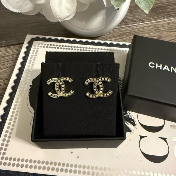 CHANEL Jewelry - Chanel Gold CC Crystal Stud Earrings